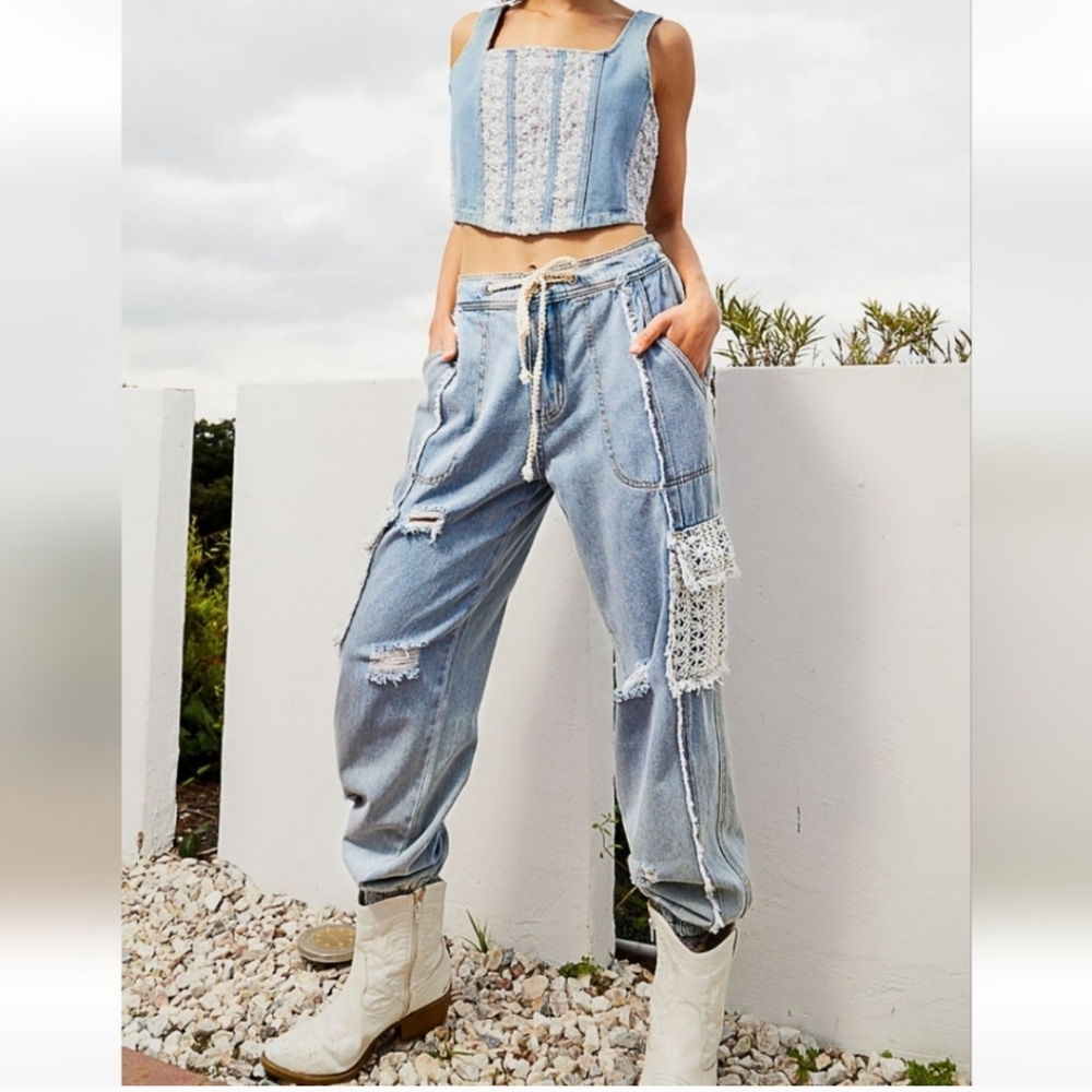 NWT POL Crochet Lace Denim Joggers